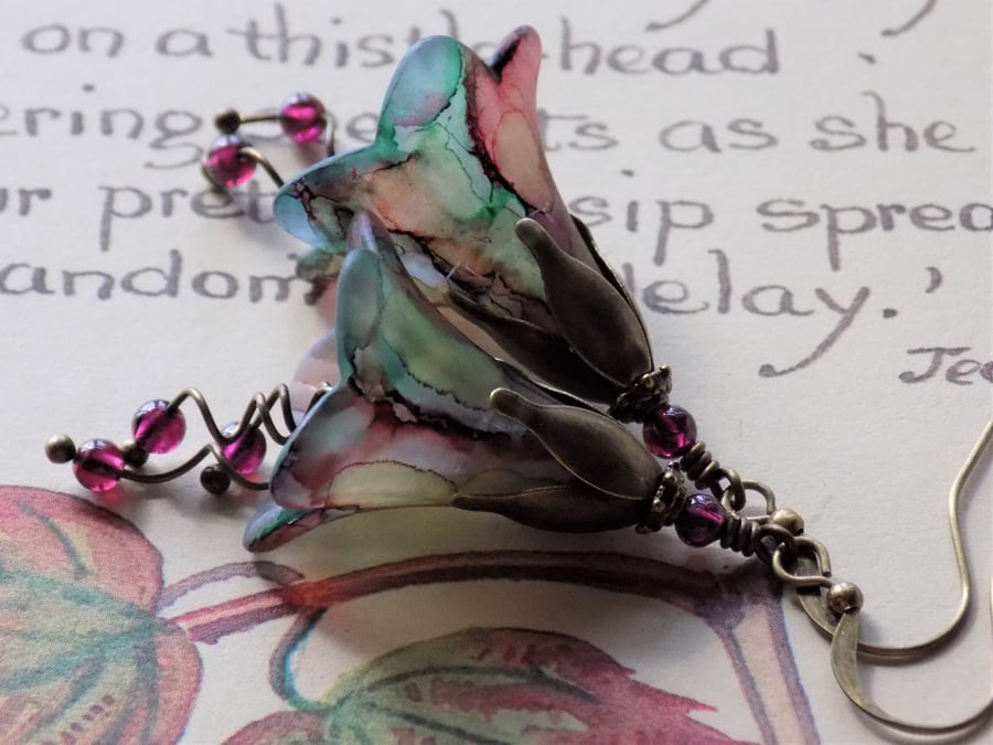 Green and Red "Rowan" Autumn Fall Hand Painted Lucite Flower Earrings