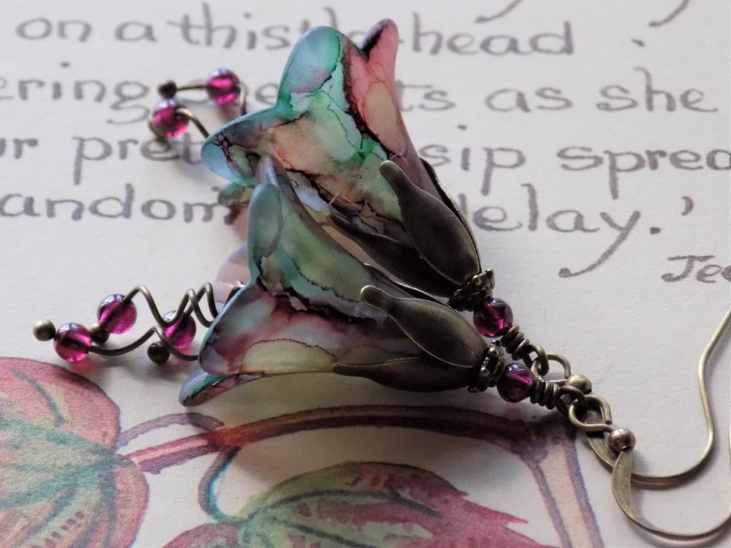 Green and Red "Rowan" Autumn Fall Hand Painted Lucite Flower Earrings