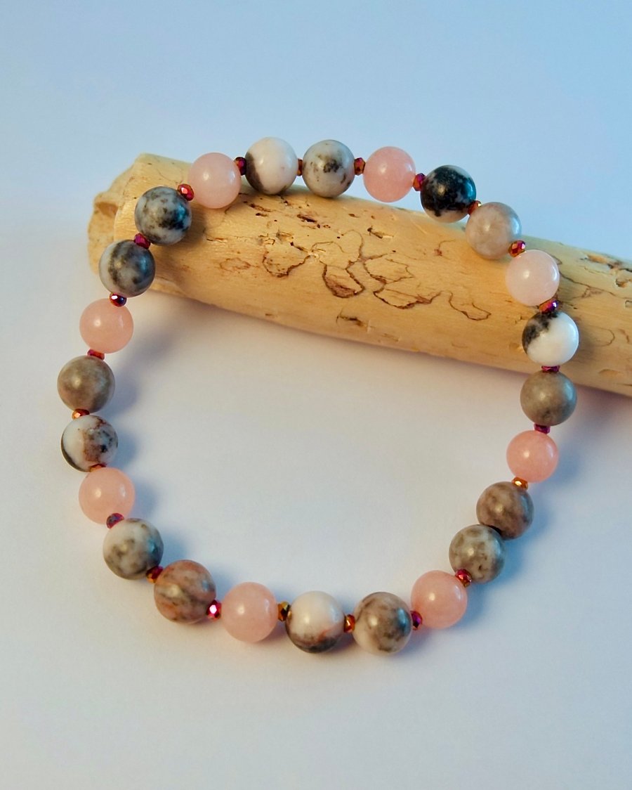 Pink Zebra Jasper & Pink Opal Bracelet, Birthday. Anniversary, Gifts For Her
