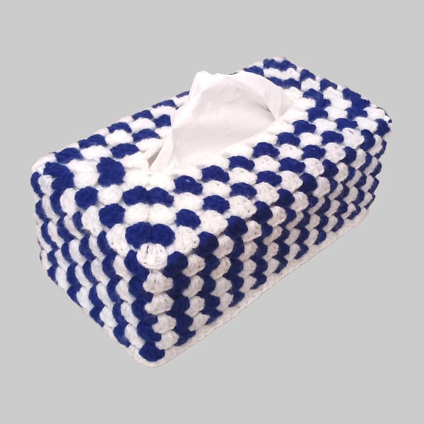 Tissue box cover in navy blue and white stripes, crochet cover, handmade