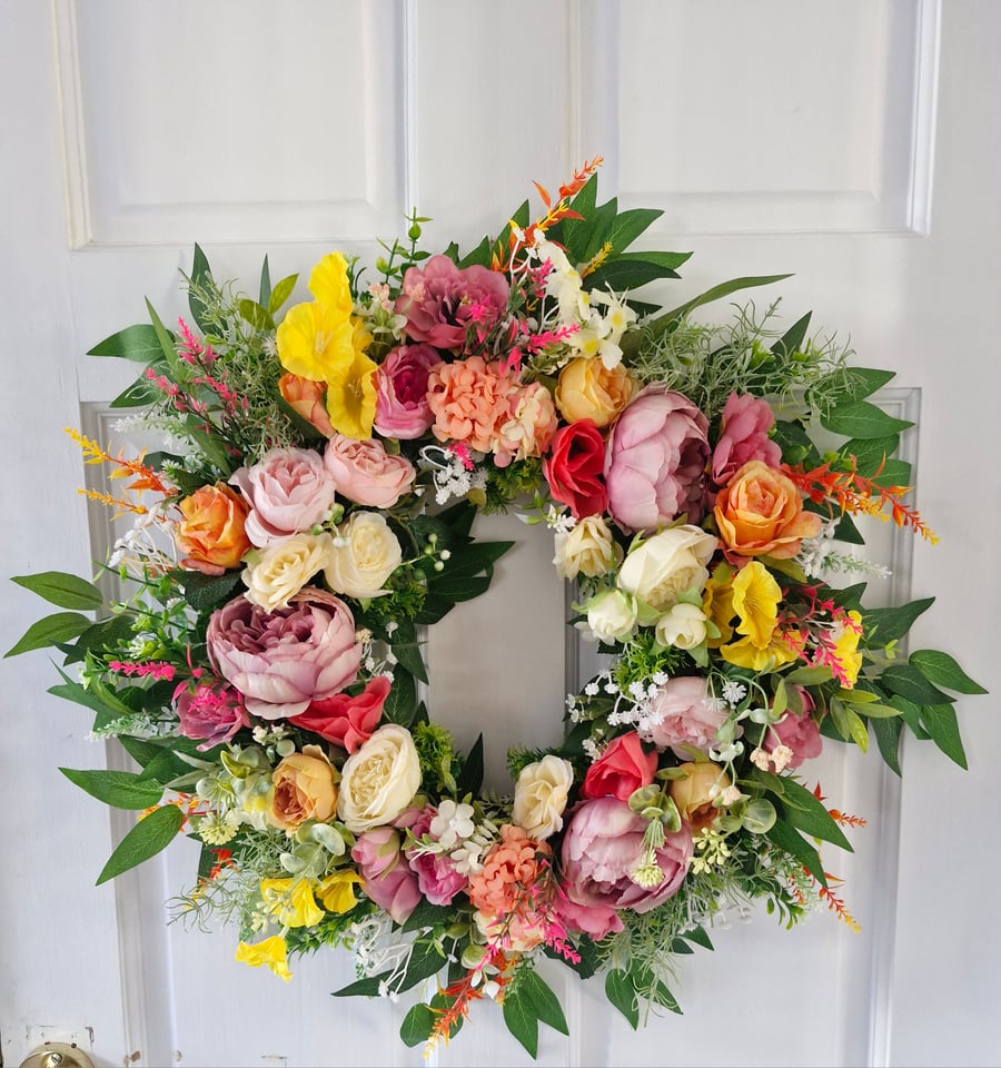 June, multi coloured mixed floral summer wreath 