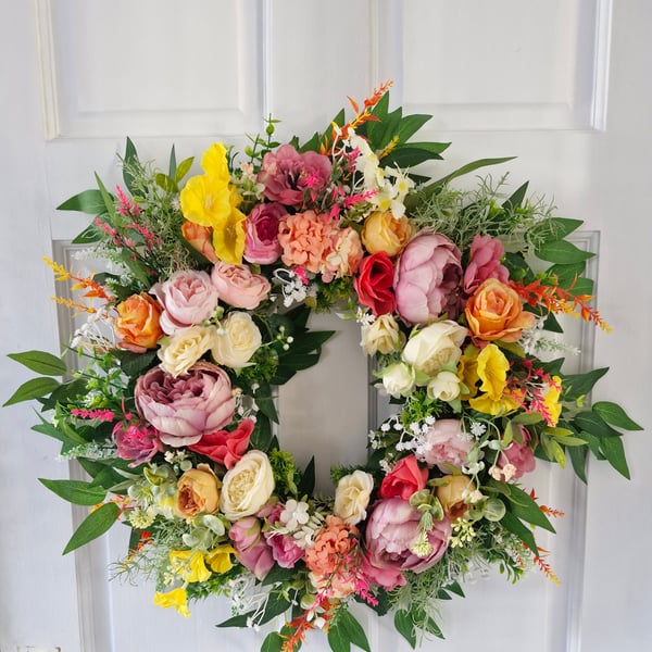 June, multi coloured mixed floral summer wreath 