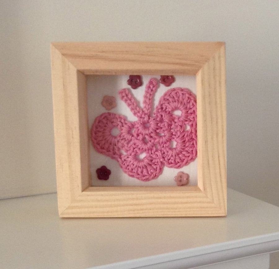 Crocheted Pink Butterfly in Box Frame