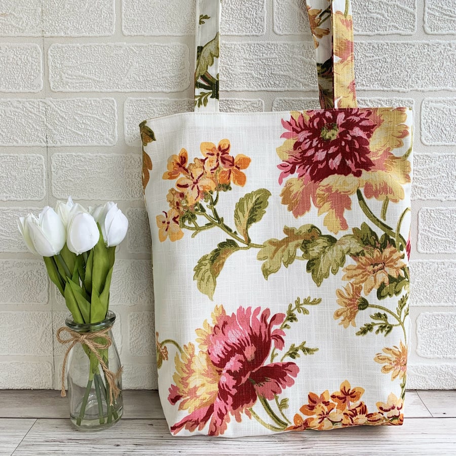 Floral tote bag with large golden yellow and pink summer flowers