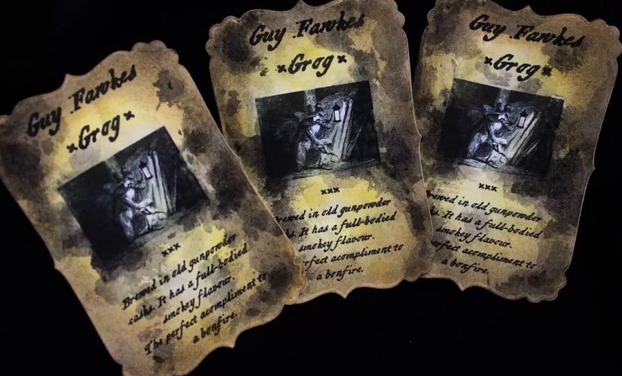 'Guy Fawkes Grog' Bonfire Night Party Bottle Stickers - set of 8