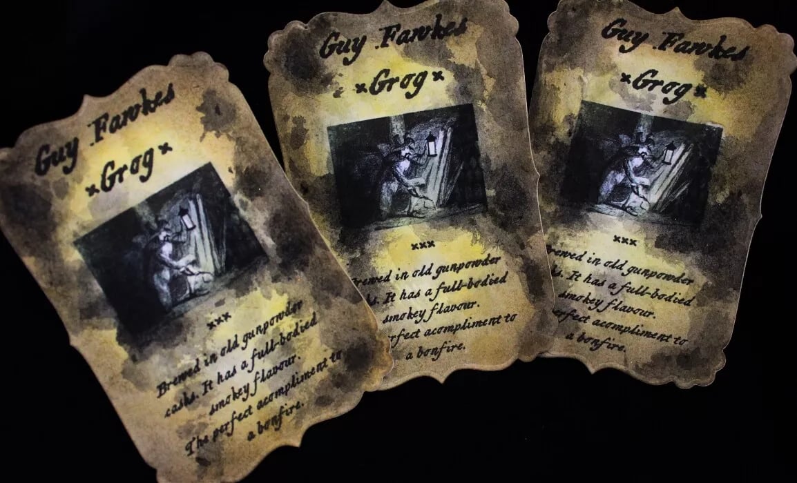 'Guy Fawkes Grog' Bonfire Night Party Bottle Stickers - set of 8