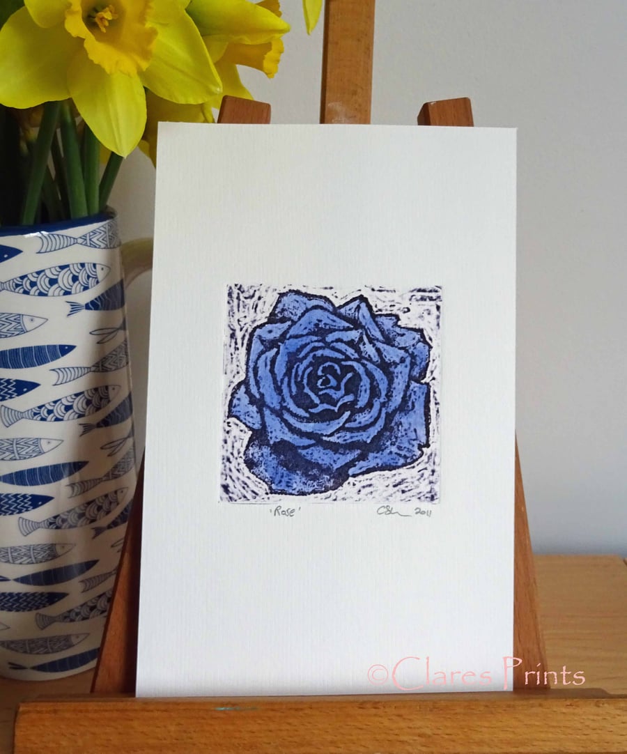 Blue 2  Rose Art Original Print Collagraph Printmaking Floral