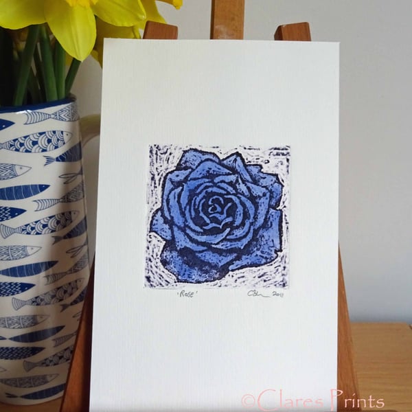Blue 2  Rose Art Original Print Collagraph Printmaking Floral