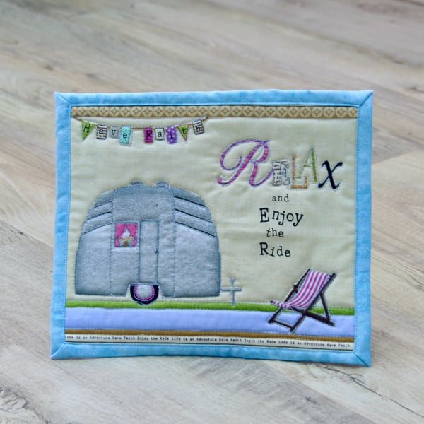 'Relax and Enjoy the Ride' Mug Rug with Vintage Caravan Detail
