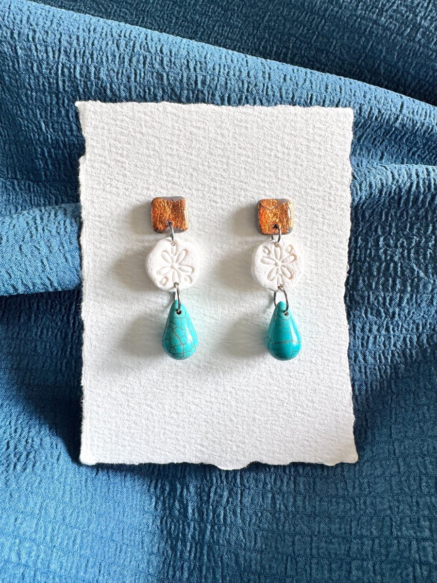 Summer Sand dollar and Turquoise Drop Earrings