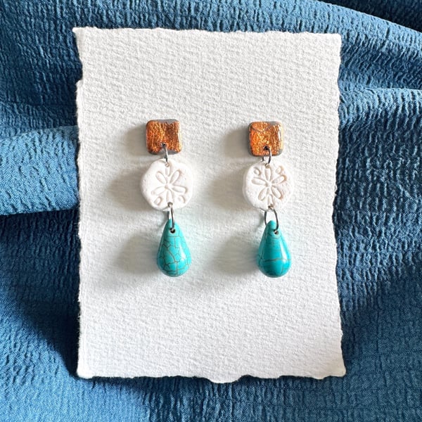 Summer Sand dollar and Turquoise Drop Earrings