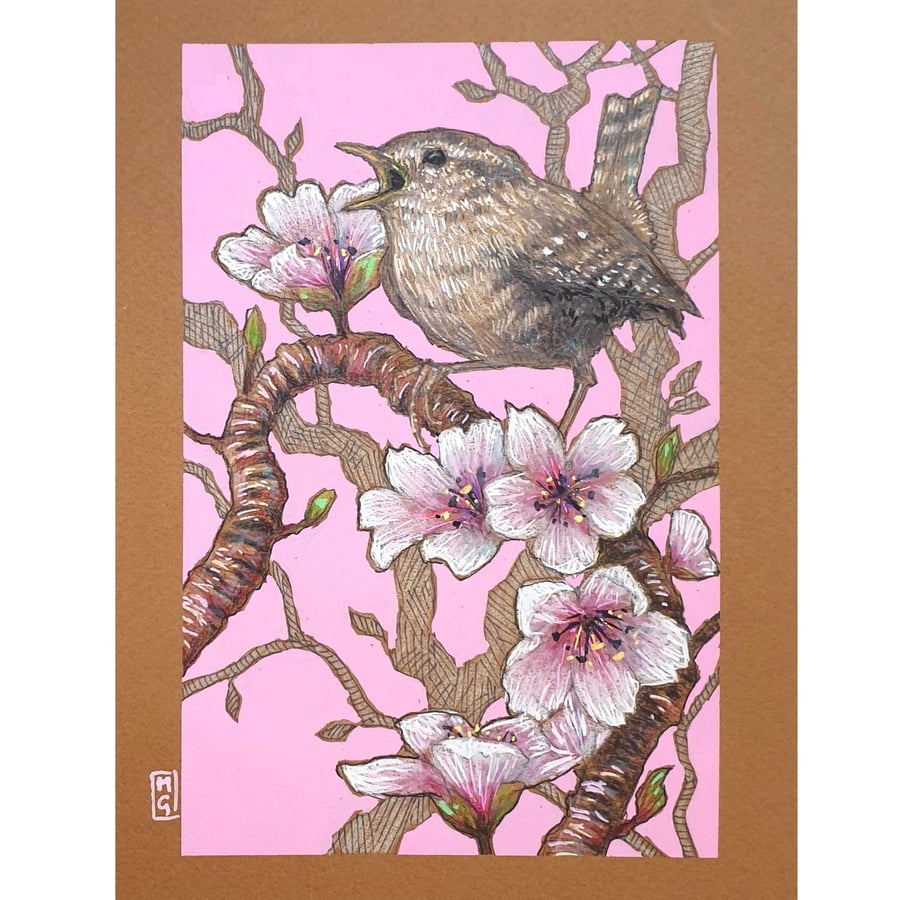 Wren singing in a Cherry Blossom Tree, original bird artwork, wall art