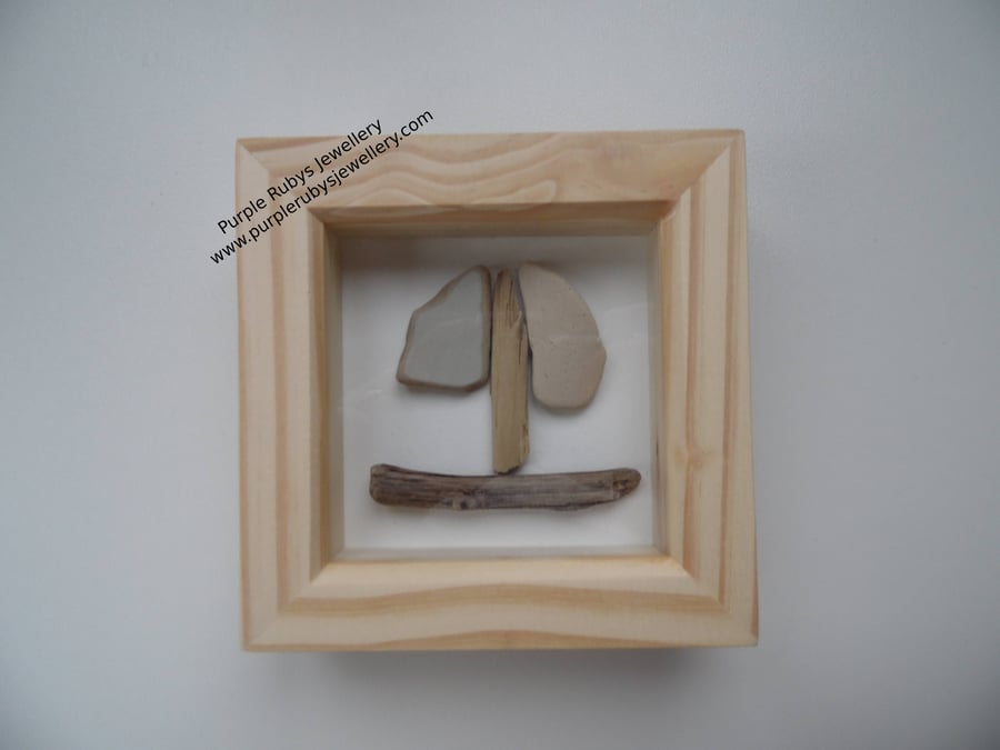 Stone Coloured Sea Pottery & Driftwood Sailing Ship Picture P124
