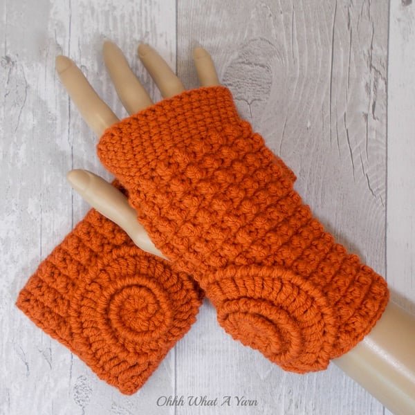 Rust, burnt orange ammonite ladies crochet gloves, finger less gloves.  