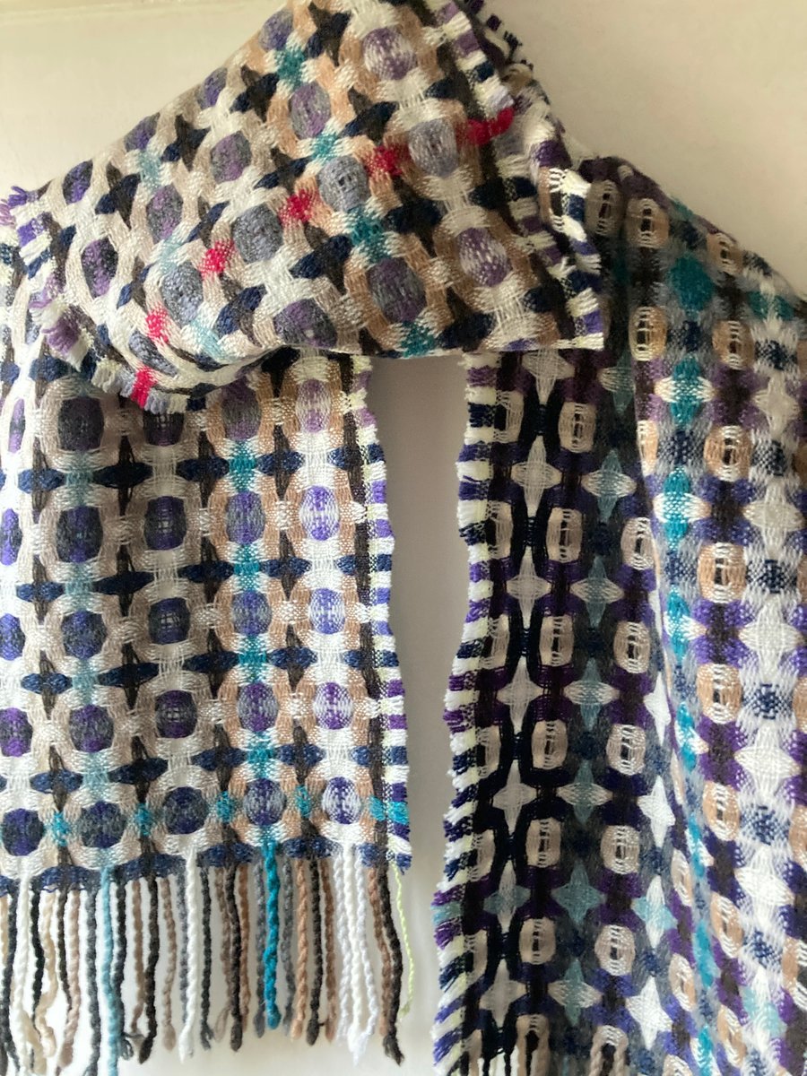 Handwoven Lambswool Scarf in Purple and Brown, Golfballs