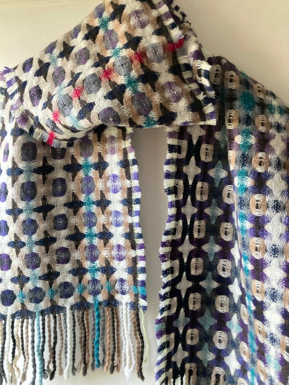 Handwoven Lambswool Scarf in Purple and Brown, Golfballs