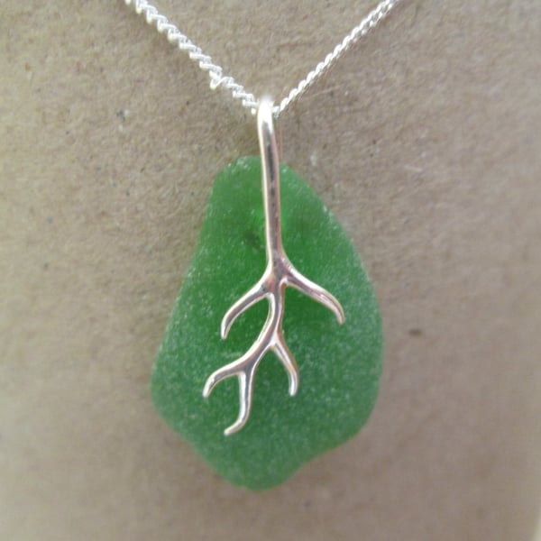 Lovely Green Seaglass Pendant Necklace, Sterling Silver chain, branching vein