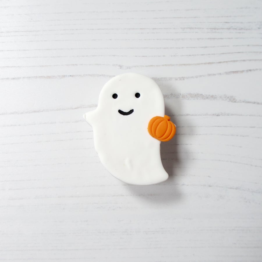 Cute ghost with Pumpkin magnetic needle minder, polymer clay
