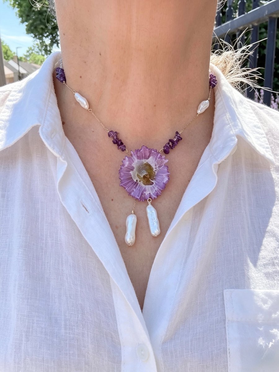 Azure Fairy Bloom Necklace – Real Erigeron Flower, Amethyst & Biwa Pearls