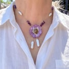 Azure Fairy Bloom Necklace – Real Erigeron Flower, Amethyst & Biwa Pearls