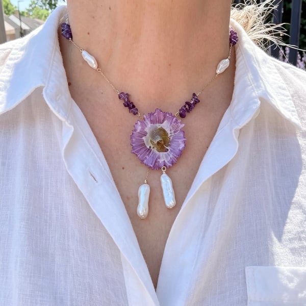 Azure Fairy Bloom Necklace – Real Erigeron Flower, Amethyst & Biwa Pearls