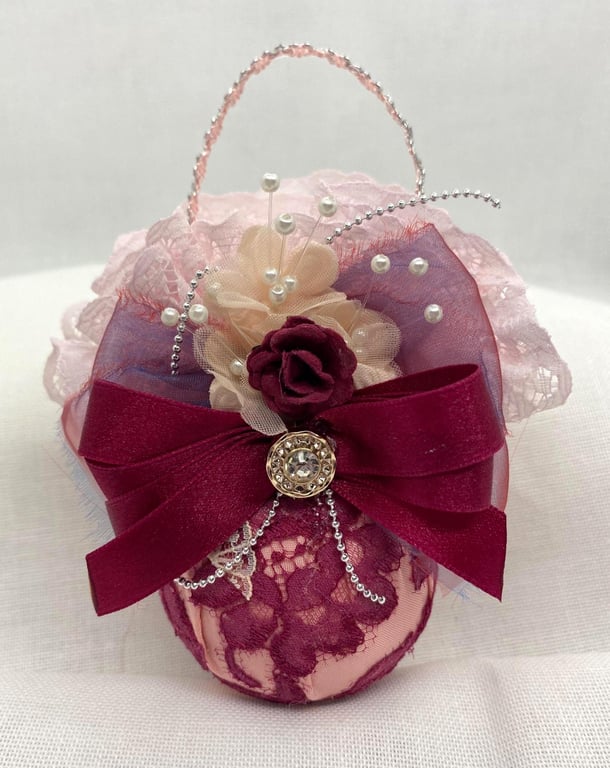 Pink and Burgundy Christmas Bauble with Floral Lace, Ribbons and Flowers