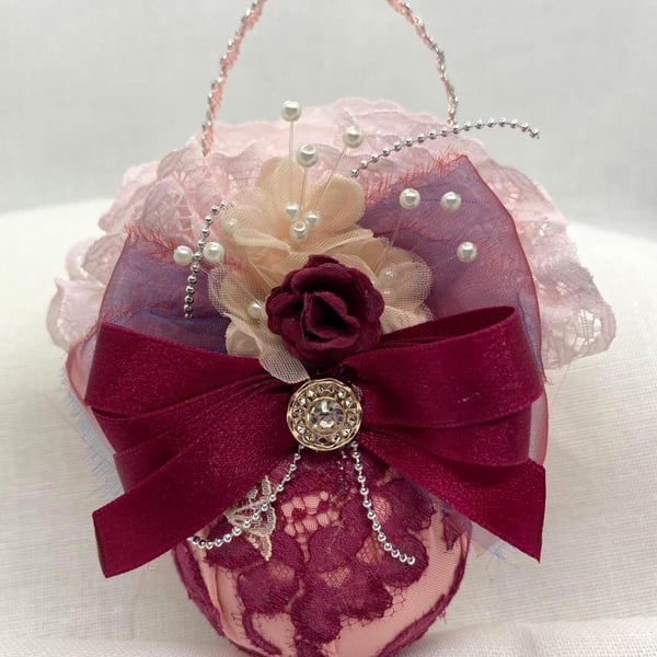 Pink and Burgundy Christmas Bauble with Floral Lace, Ribbons and Flowers