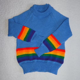 Baby Rainbow Band Jumper. Sky Blue. Raglan Jumper in 4ply Yarn. Size 1 - 2 years