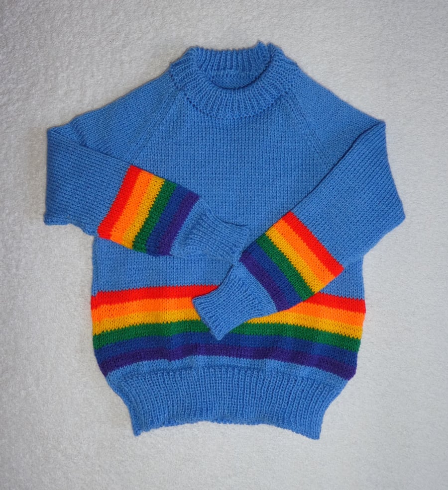 Baby Rainbow Band Jumper. Sky Blue. Raglan Jumper in 4ply Yarn. Size 1 - 2 years