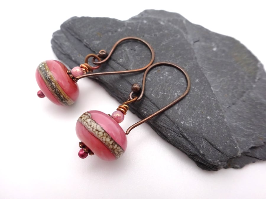 pink lampwork glass earrings, copper jewellery