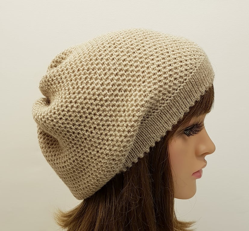 Handmade knitted winter hat for women, baggy beret, fall tam, slouch alpaca hat