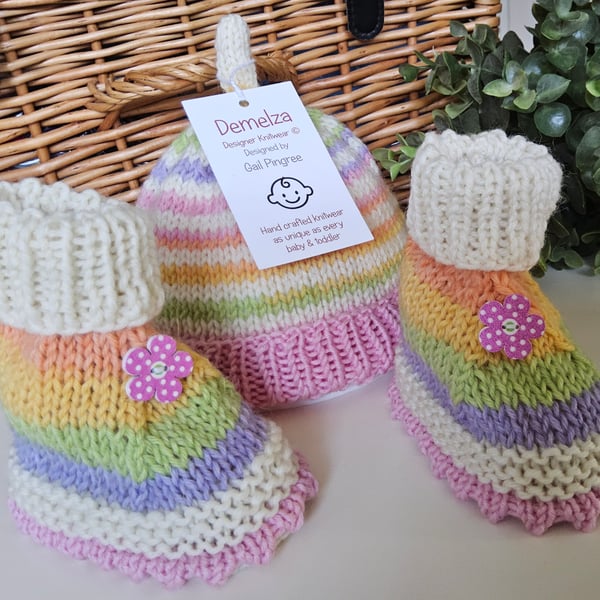 Designer Baby Merino Wool Booties & Hat Gift Set 0-3 months size