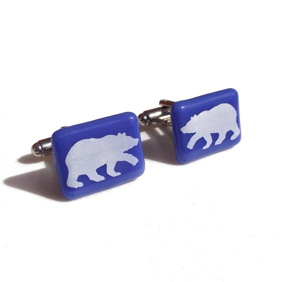 Polar Bear Cuff Links Fused Glass with Screen Printed Kiln Fired Enamel