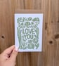 Love you Floral Greetings Card - Handcrafted Linocut - A6 - Image 2
