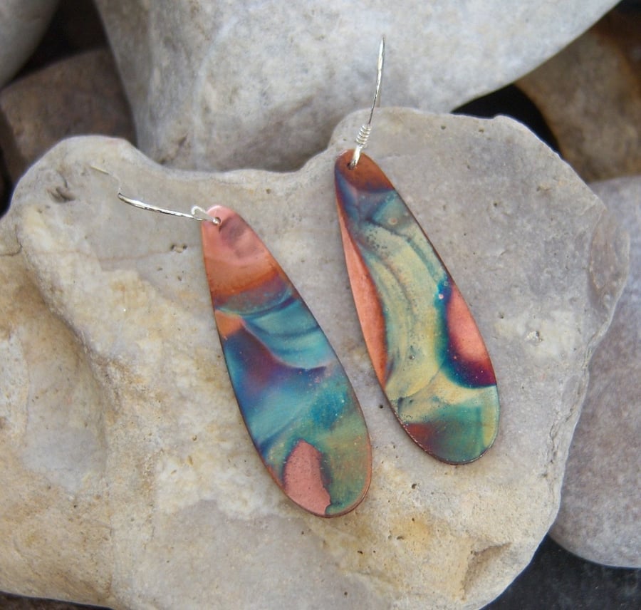 Flame Painted Copper Dangly Earrings
