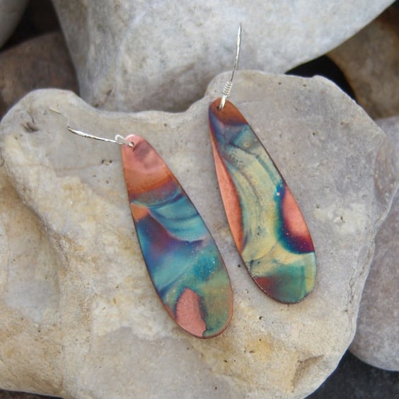 Flame Painted Copper Dangly Earrings