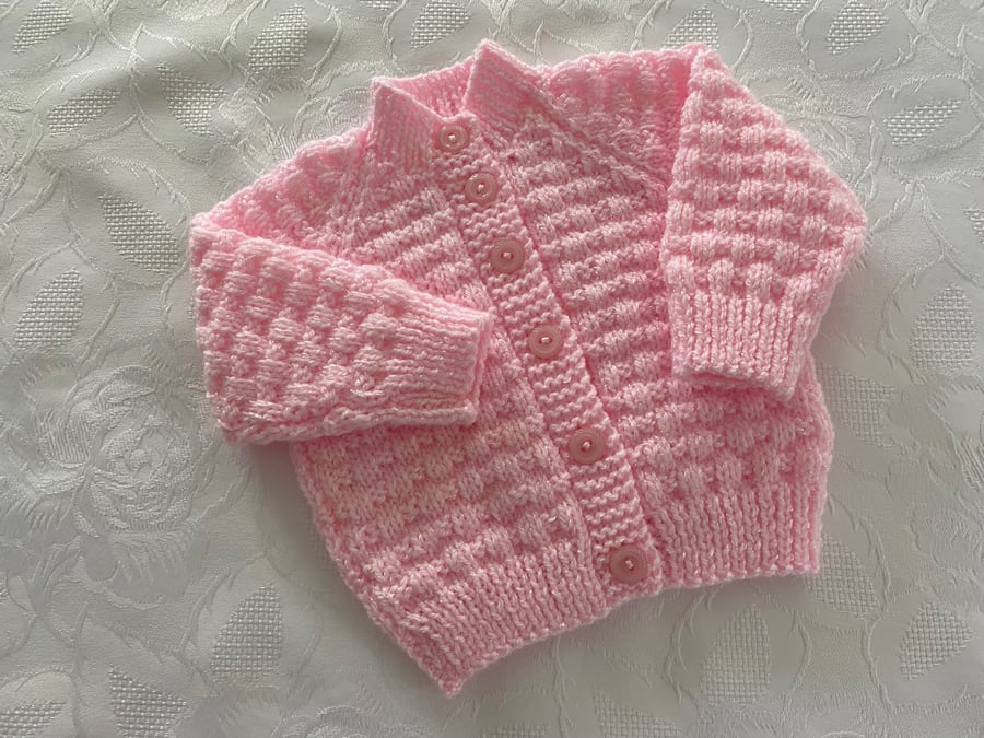 Hand knitted Pink Shimmer Cardigan to fit 0 - 3 month approx