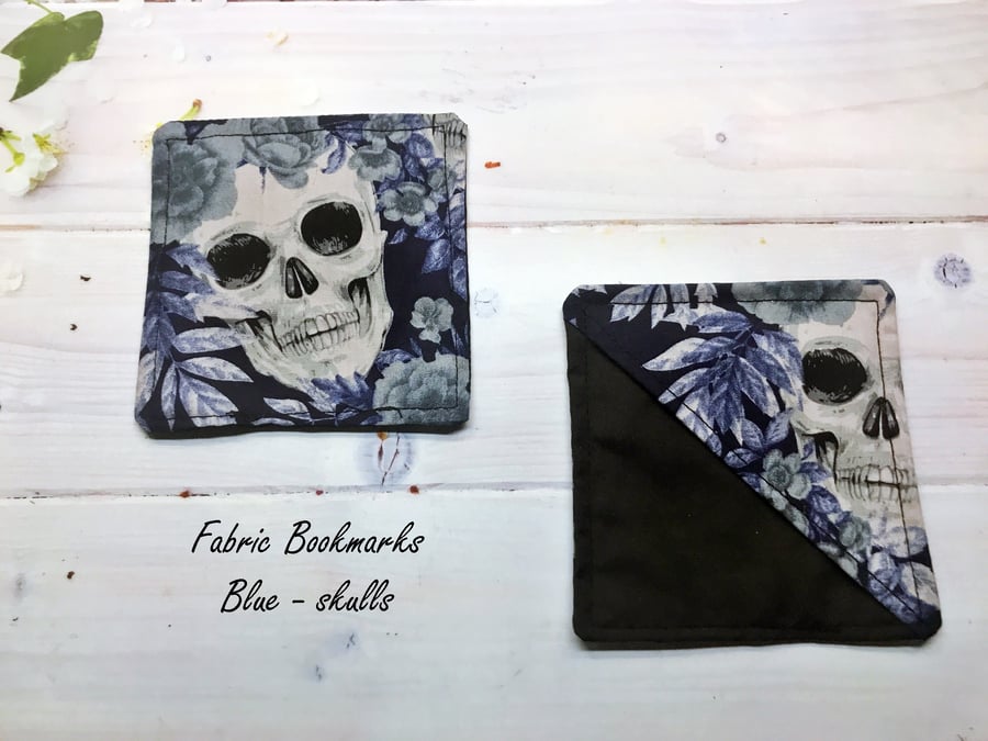 Image of Skulls Fabric Corner Bookmark, Gothic Gift , Blue Cotton Bookmark