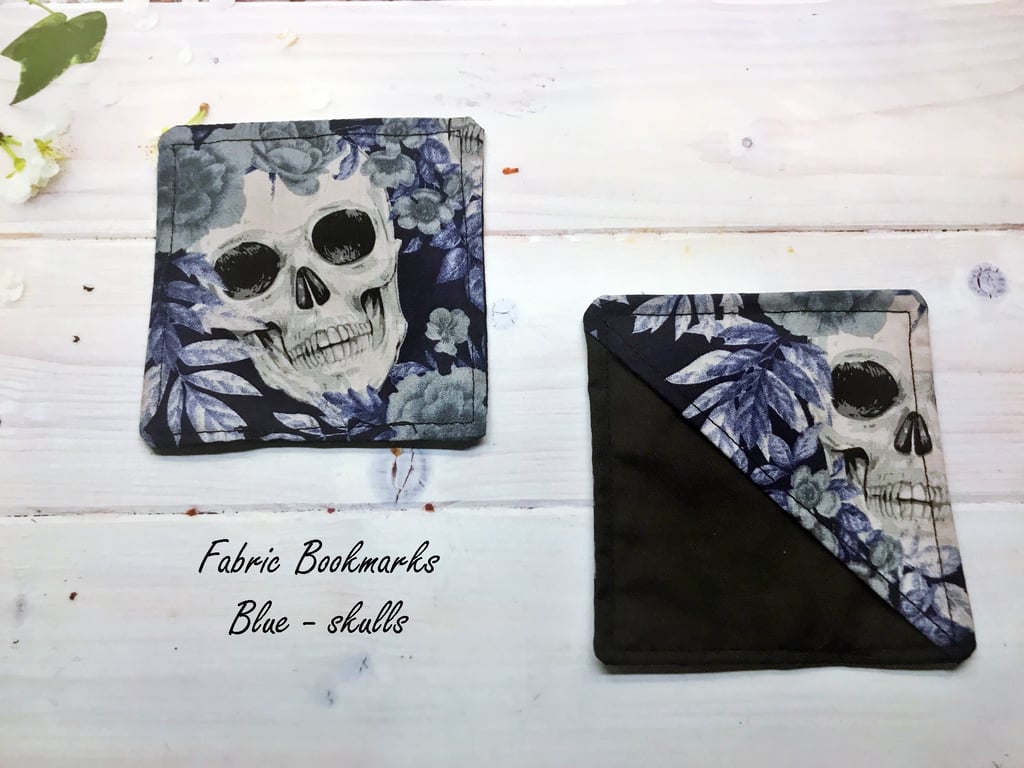 Skulls Fabric Corner Bookmark, Gothic Gift , Blue Cotton Bookmark