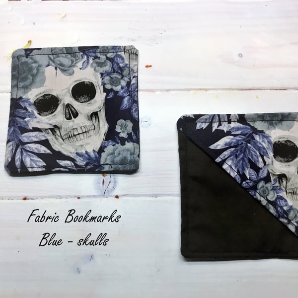 Skulls Fabric Corner Bookmark, Gothic Gift , Blue Cotton Bookmark