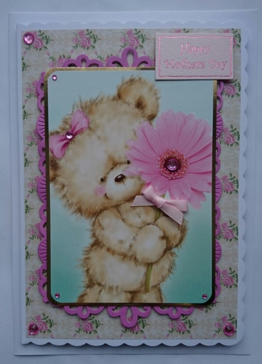 Mother's Day Card Happy Mother's Day Cute Teddy Bear with Pink Flower