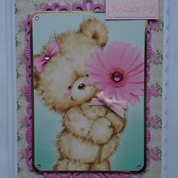 Mother's Day Card Happy Mother's Day Cute Teddy Bear with Pink Flower