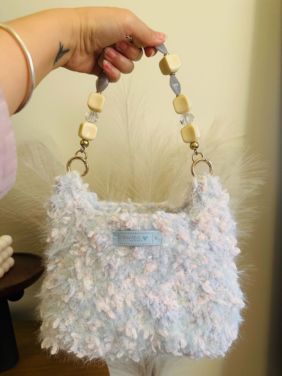 Handmade Fluffy Crochet Bag – Pastel Blue Beaded Handle, Kawaii Purse