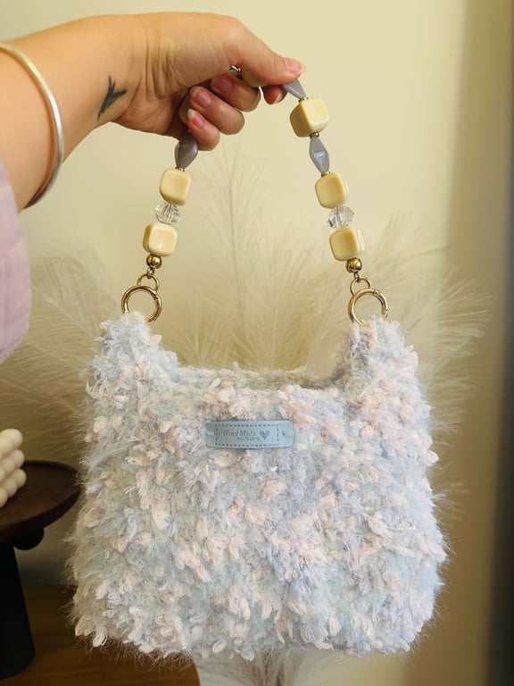Handmade Fluffy Crochet Bag – Pastel Blue Beaded Handle, Kawaii Purse