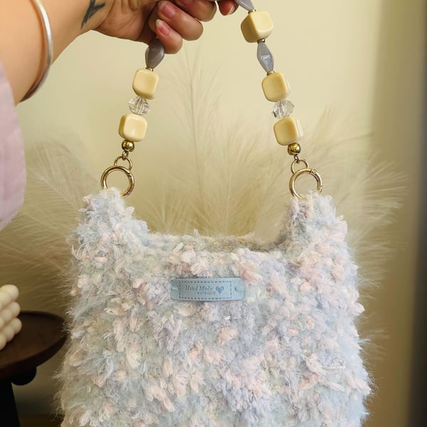 Handmade Fluffy Crochet Bag – Pastel Blue Beaded Handle, Kawaii Purse