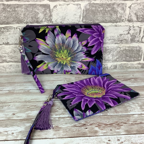 Cactus flowers zip clutch bag, Detachable wrist strap, 2 size options, Handmade