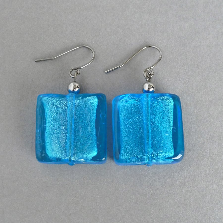 Large Cyan Blue Fused Glass Dangle Earrings - Big Square Turquoise Drop Earrings