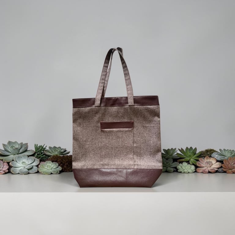 Weekender Tote Bag. Plum  Faux Leather & Faux Tweed.