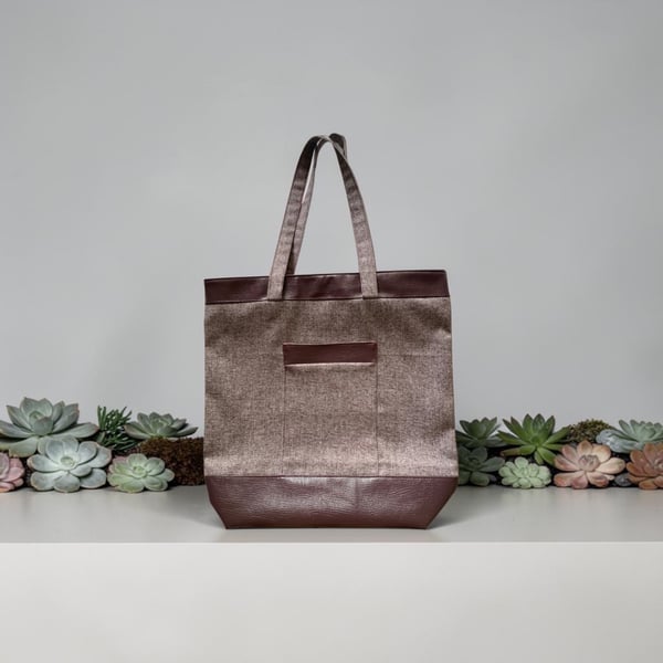 Weekender Tote Bag. Plum  Faux Leather & Faux Tweed.