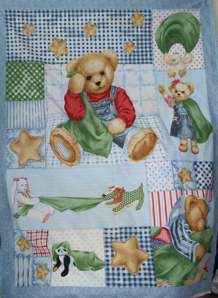 Blue Jeans Teddy Blankie Bear cot quilt (daisy kingdom)